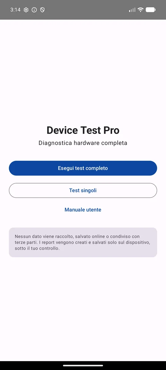 Schermata iniziale: test completo, test singoli e manuale