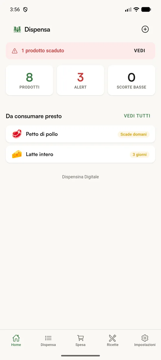 La home con prodotti in scadenza e avvisi